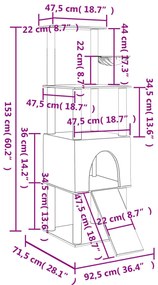Árvore p/ gatos c/ postes arranhadores sisal 153 cm cinza-claro