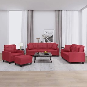 vidaXL 4 pcs conjunto sofás com almofadas couro artif. vermelho-tinto