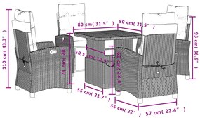 5 pcs conjunto de jantar p/ jardim com almofadões vime PE bege