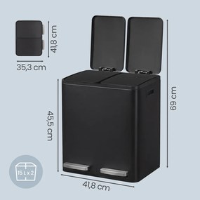 Caixote do lixo com 2 compartimentos, caixote do lixo de 2 x 15 L, 41,8 x 35,3 x 45,5 cm caixote do lixo com pedal e tampa com fecho suave preto