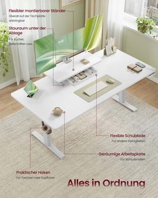 Secretária elétrica com altura ajustável 140 x 70 x 70 x (72-120) cm, suporte para monitor e USB Branca