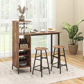 Conjunto de 3 peças de mesa e cadeiras de bar, mesa industrial e bancos com porta-copos, prateleiras para sala de jantar, cozinha Castanho