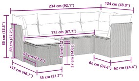 6 pcs conjunto de sofás jardim c/ almofadões vime PE castanho