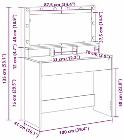 Mesa de Maquiagem vidaXL com Luzes LED Preta Carvalho 100x41x135 cm