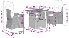 3 pcs conjunto de jantar p/ jardim com almofadões vime PE bege
