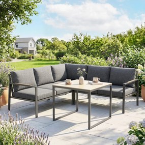 Conjunto de jardim de 3 peças para 5 pessoas, 2 sofás com almofadas grossas, 1 mesa de centro, 183 x 183 x 72 cm, cinzento escuro