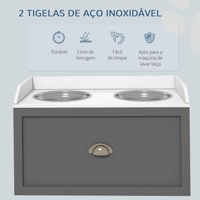 Comedouro Elevado para Cães com 2 Tigelas 2000ml de Aço Inoxidável Gaveta Oculta com Suporte de Madeira 60x30x36cm Cinza