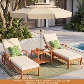 Mesa apoio de madeira para jardim com 2 níveis de arrumação e orifício para guarda-sol de 4 cm (51 x 48 x 45 cm), ideal para pátio, terraço ou varanda