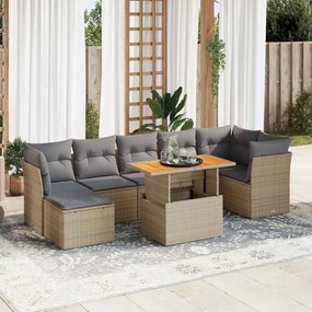 8 pcs conjunto de sofás p/ jardim com almofadões vime PE bege