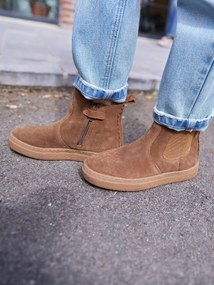 Botas em pele, com fecho e elástico, para menina camelo