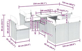 9 pcs conjunto sofás p/ jardim c/ almofadões vime PE castanho