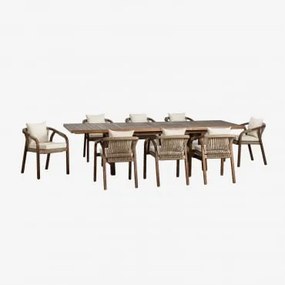 Conjunto De Mesa Retangular Extensível 200-260-320x100 Cm E 8 Cadeiras De Jantar Com Braços Em Madeira De Acácia Dubai Castanho-acácia Escuro & Tecido