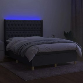 Cama box spring c/ colchão e LED 140x190 cm tecido cinza-escuro