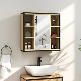 Armário de Casa de Banho com Espelho Prateleira Ajustável e 6 Compartimentos Abertos 60x16x58,5 cm Madeira
