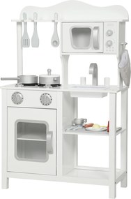 AIYAPLAY Cozinha de Brincar em Madeira com Som Acessórios Lava-Loiças Micro-Ondas e Fogão 55x24x86 cm Branco | Aosom Portugal