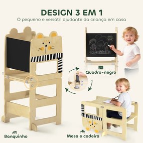 Torre de Aprendizagem 3 em 1 Dobrável Conversível em Secretária e Cadeira com Quadro Estampado de Gatos Madeira