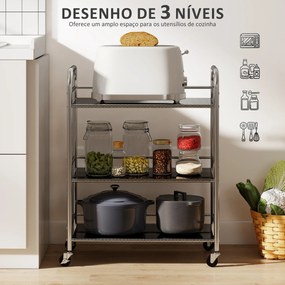 Carrinho Auxiliar cozinha com Rodas de Aço Inoxidável de 3 Níveis com Prateleira Ajustável 2 Rodas com Travão 60x35x77 cm Prateado