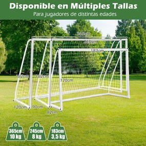 Baliza de futebol 245 x 182 cm para jardim Rede resistente às intempéries e estrutura UPVC com estacas e cones Montagem rápida Branco