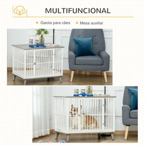 Gaiola para Cães de Madeira 86x60x70cm Gaiola para Cães com Bancada de Armazenamento Porta com Trave Pés Elevados Grade de Aço Branca