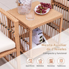Conjunto de jardim exterior de 5 peças: mesa e cadeiras de rattan PE com almofadas macias, mesa de centro de 2 níveis e 2 Pufes, cor natural e almofad