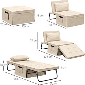 Sofá Cama 4 em 1  Estofado em Linho com Encosto Ajustável em 5 Níveis e Almofada Acolchoada  75x80x74 cm Creme