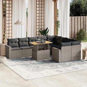 10 pcs conjunto sofás de jardim c/ almofadões vime PE cinzento