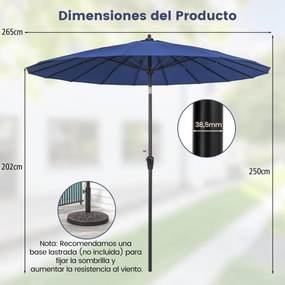 Guarda-sol redondo de 265 cm com 18 hastes de fibra de vidro Botão de inclinação Manivela Alumínio Jardim Piscina Azul