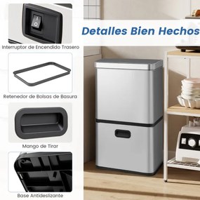 Caixote do lixo em aço inoxidável de 56 litros com sensor de movimento e 2 caixotes do lixo removíveis prateado