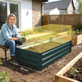 Floreira retangular para horta 150 x 70 x 30 cm,, em aço galvanizado, com rebordo de segurança e fundo aberto, verde