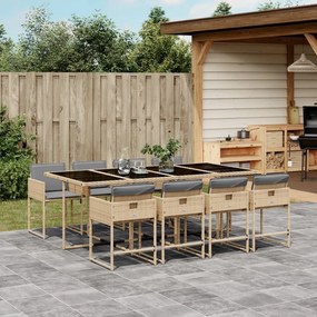 vidaXL 9 pcs conj. jantar jardim c/ almofadões vime PE bege misturado