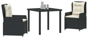 Conjunto de Jantar de Jardim em 3 Peças Preto em Rattan Sintético