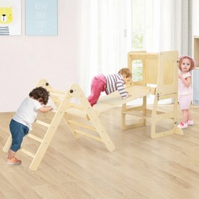 Conjunto 7 em 1 Escalador dobrável para crianças de 3 a 14 anos com rampa reversível, banco conversível e quadro divertido natural