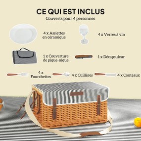 Cesto de piquenique em vime para 4 pessoas 51 x 33 x 25 cm com tabuleiro para garrafas em pinho; cesto de piquenique com alça ajustável em castanho cl