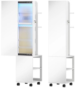 HOMCOM Espelho com Arrumação para Joias Luzes LED Armário para Joias com Rotação de 360° e Fecho com Chave 37x40x165,5 cm Branco