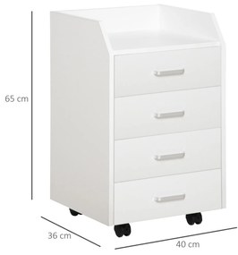 Bloco de Gavetas Móvel Auxiliar com 4 Gavetas Bancada Superior de Armazenamento 4 Rodas e 2 Freios para Estúdio Escritório 40x36x65cm Branco