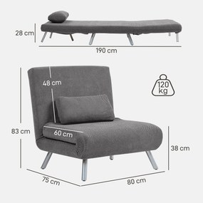 Sofá Cama Individual 3 em 1 Estofada em Padrão Dente de Cão com Encosto Ajustável de 5 Níveis 80x75x83 cm Cinzento