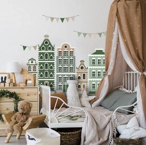 Autocolantes de parede - Casas em verde com grinaldas