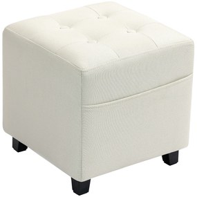 HOMCOM Apoio para os Pés Sala de Estar Banco Estofado em Linho com Bolso Lateral Tampa com Botões 35x35x35 cm Creme
