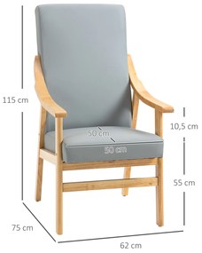HOMCOM Poltrona de Estilo Nórdico com Encosto Alto Cadeira Sala de Jantar Estofada em PU com Apoio para os Braços e Estrutura de Madeira de Borracha para Escritório Sala de Estar Carga 150kg 62x75x115cm Cinza e Madeira