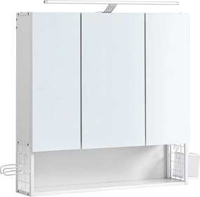Armário espelho de casa de banho de 3 portas com iluminação e prateleira regulável em altura 14,5 x 70 x 70 cm Branco
