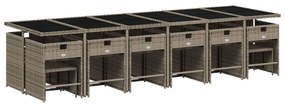 17 pcs conjunto de jantar p/ jardim c/ almofadões vime PE cinza