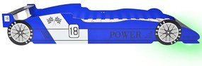 Cama carro de corrida LED para crianças 90x200 cm azul