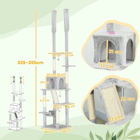 Árvore para gatos do chão ao teto, com arranhador, altura ajustável de 225 a 255 cm, 6 níveis e nicho com rede, cinza claro