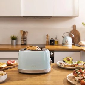 Torradeira Toast&Taste 800 Vintage Light Blue. 850 W, Dupla Ranhura Curta Extra Larga 3,8 cm, 2 Torradas, Acabamento em Aço Inoxidável, Estilo Vintage
