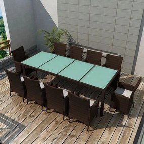 vidaXL 11 pcs conjunto jantar exterior com almofadões vime PE castanho