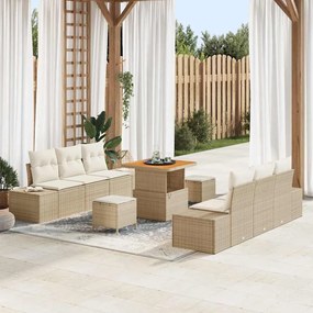 Conjunto de Sofá de Jardim vidaXL de 9 Peças com Almofadas Bege Rattan Polímero Acácia