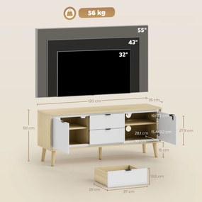 Móvel para televisão, adequado para ecrãs até 55 polegadas, 2 portas de alto brilho, 2 gavetas silenciosas, 120 x 35 x 50 cm, branco