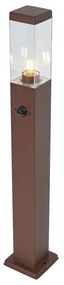 Candeeiro de exterior castanho ferrugem com vidro transparente 80cm IP44 com tomada e sensor de movimento - Malios Moderno