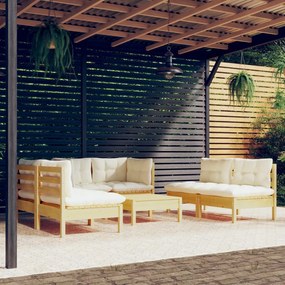 vidaXL 7 pcs conjunto lounge jardim c/ almofadões creme pinho maciço