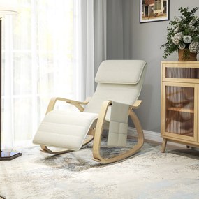 Cadeira relaxante basculante com apoio para os pés ajustável, bolso lateral e apoio para a cabeça, branco creme